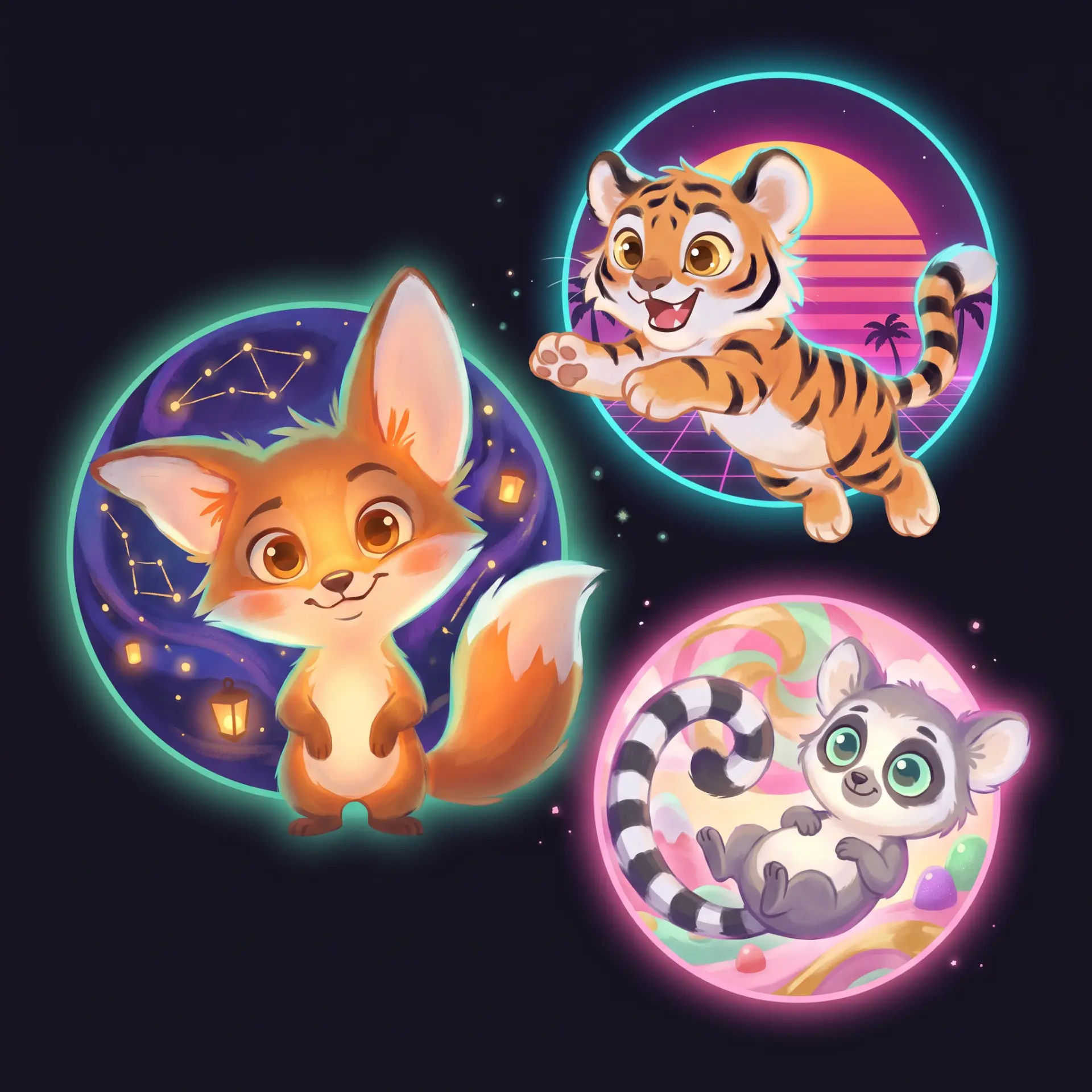Glowing fox, tiger, and lemur in world orbs