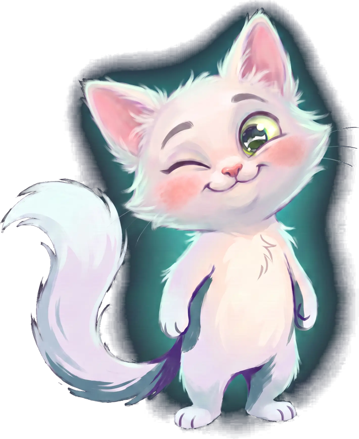 A white cat with a green eye winking
