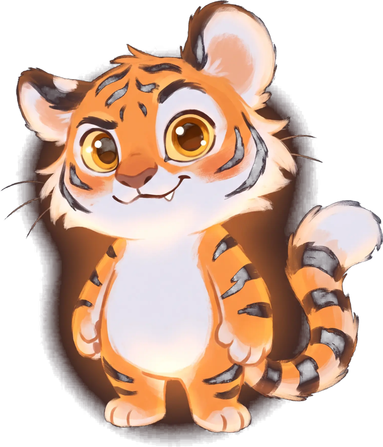 A round tiger cub with amber eyes