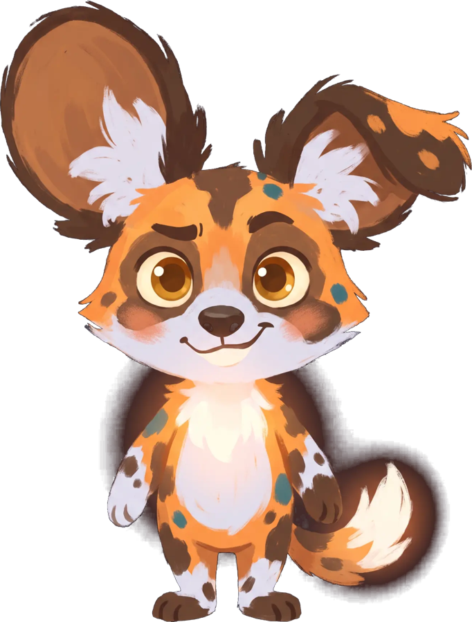 A spotted African wild dog with tall ears